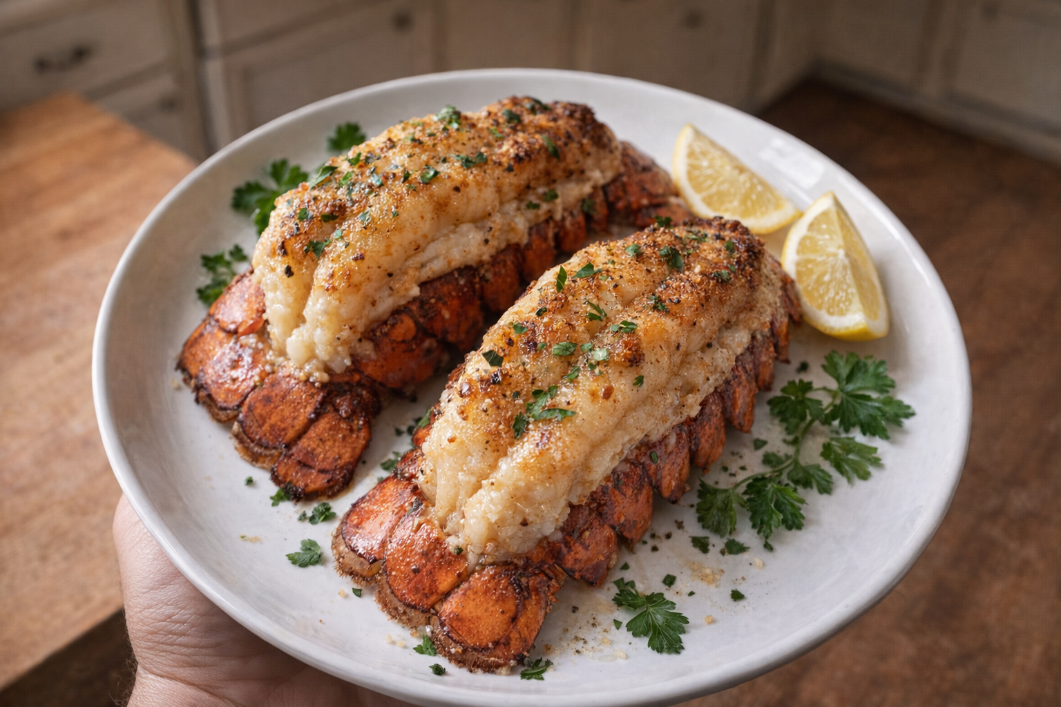 An overhead shot of two golden-brown baked lobster tails on a white plate, garnished with fresh parsley and lemon wedges, soft natural light